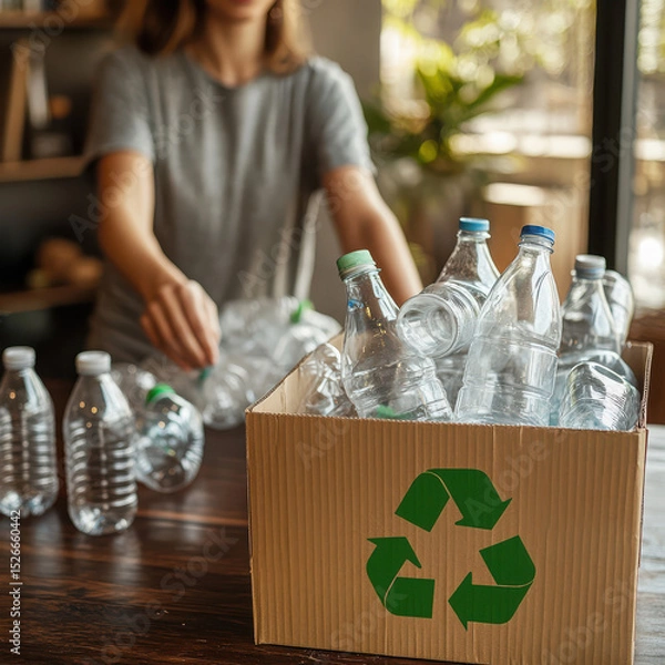 Fototapeta A person in a casual T-shirt sorting plastic bottles into a cardboard box with a green recycling symbol printed on it. High quality photo