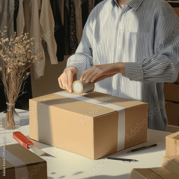 Fototapeta A high-quality, ultra-detailed image of a person wearing a light blue or grey striped shirt, taping a cardboard shipping box on a white desk. High quality photo