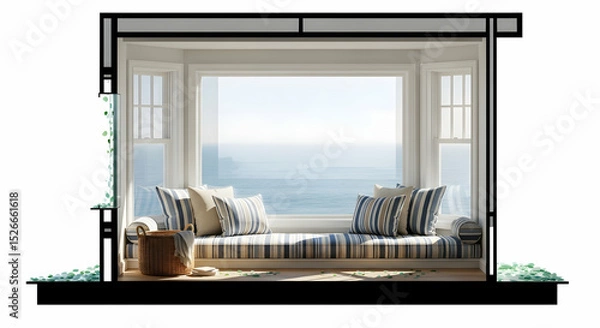 Obraz Inviting Window Seat Overlooking Calming Ocean View With Neutral And Striped Pillows