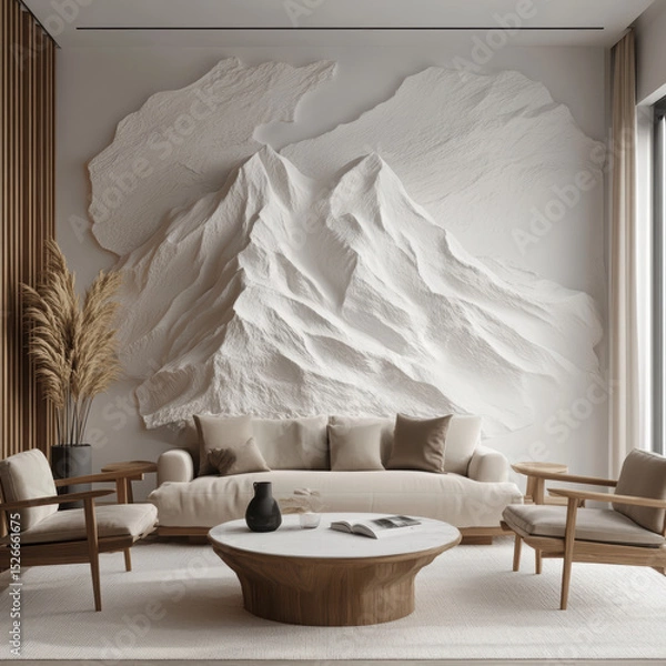 Fototapeta A modern, minimalist living room interior with neutral tones and Scandinavian design. High quality photo