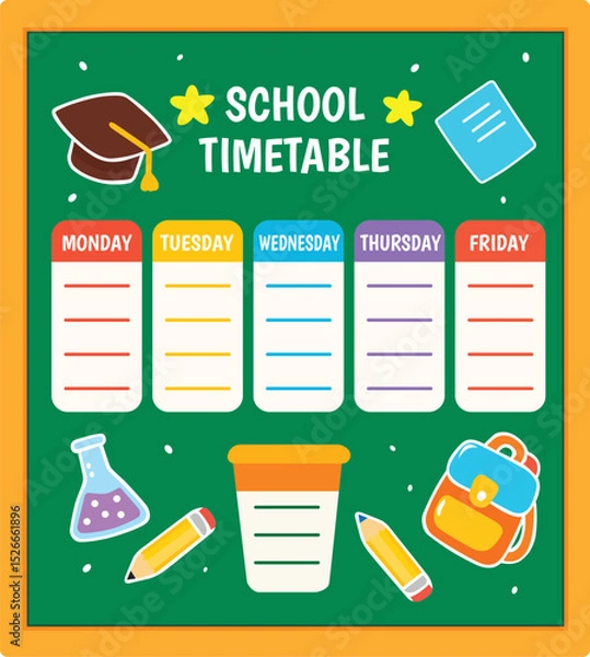 Fototapeta Colorful school timetable featuring sections for each weekday, adorned with educational icons like graduation cap, lab flask, and school supplies