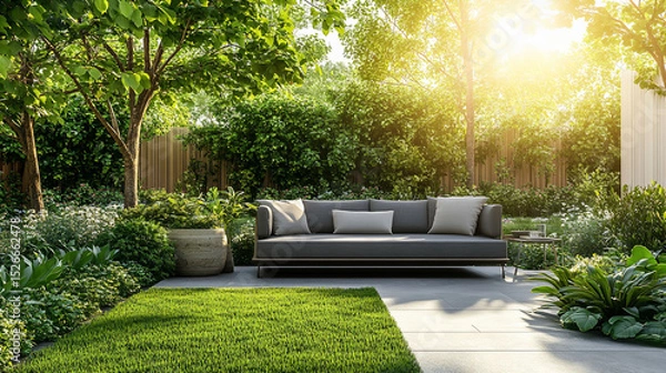 Fototapeta Serene Garden Patio with Modern Sofa