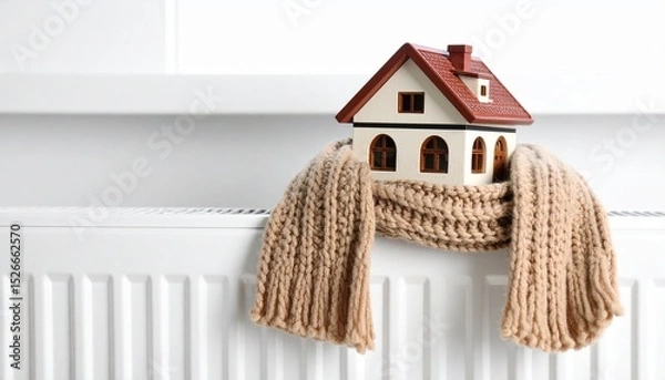 Fototapeta House model wrapped in scarf on radiator indoors, space for text