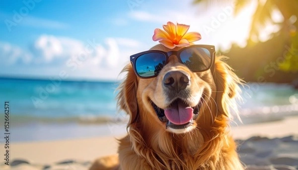 Fototapeta Golden Retriever wearing glasses with a flower on his head