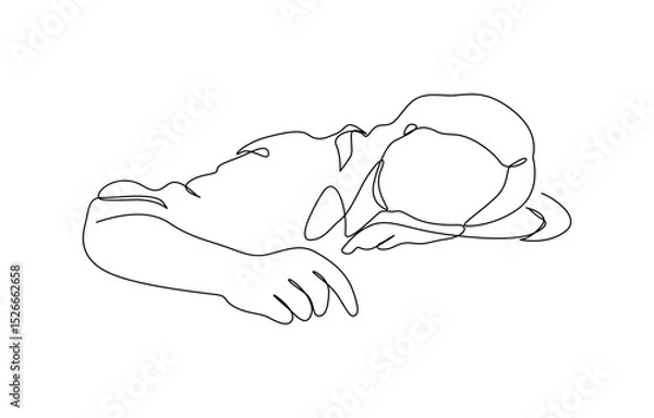 Fototapeta Woman tired sleepy overwork office line art, Continuous single line sketch drawing of business woman in depression, stressed, and despair. One line art vector illustration.