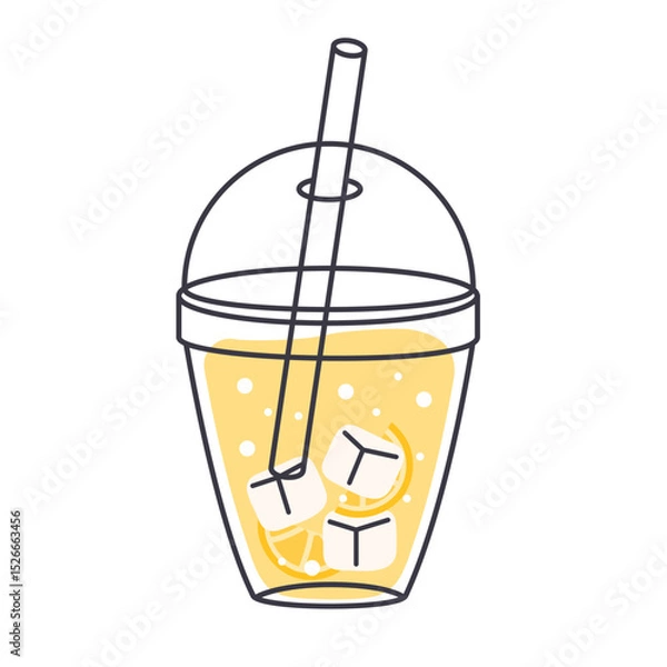 Fototapeta Lemonade in plastic cup with straw, ice cubes, refreshing drink, vector icon hand drawn style