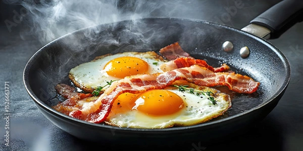 Obraz fried eggs  and bacon in a frying pan, ai generated.