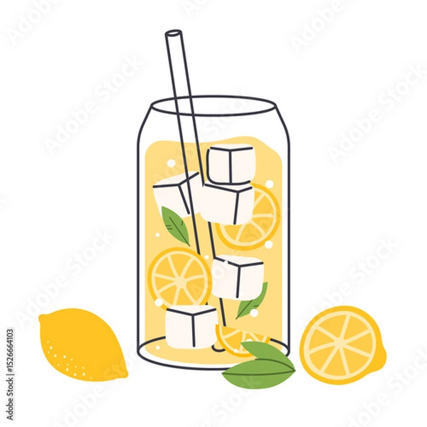 Fototapeta Lemonade refreshing cold drink, citrus lemon soda in glass with straw and mint, vector icon hand drawn style