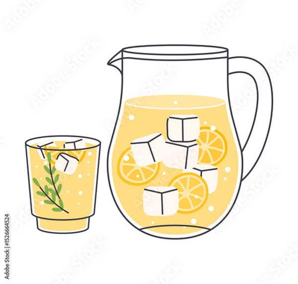 Fototapeta Cold refreshing homemade lemonade in pitcher and glass, with lemon slices, ice cubes, hand drawn vector illustration icon