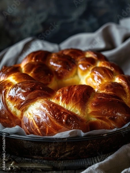 Obraz Enjoying the golden allure of freshly baked brioche in a rustic kitchen setting