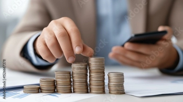 Obraz Person analyzing financial growth with coins and smartphone on table.