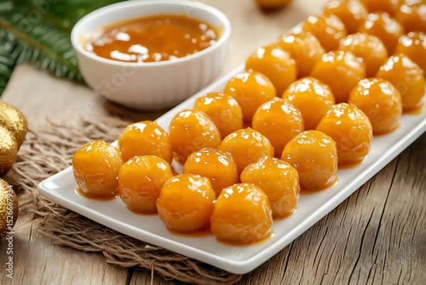 Fototapeta Golden Mini Meatballs on a white platter, side bowl with glossy apricot dipping sauce