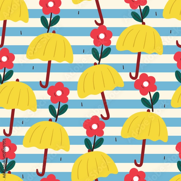 Fototapeta cute seamless pattern with cartoon drawing umbrella and flowers with blue and white background