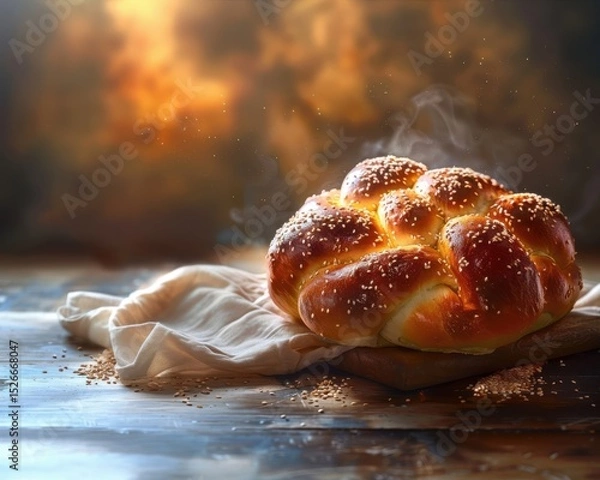 Obraz Savoring the rich aroma of freshly baked challah bread with sesame seeds on a rustic wooden table