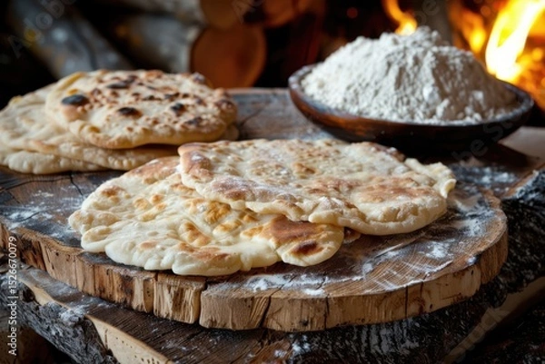Obraz Delicious bannock flatbread baking next to a rustic fire on a wooden table