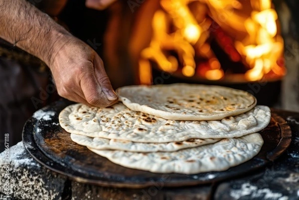 Obraz Creating Lebanese khobz in a traditional wood-fired oven for delicious flavors and textures