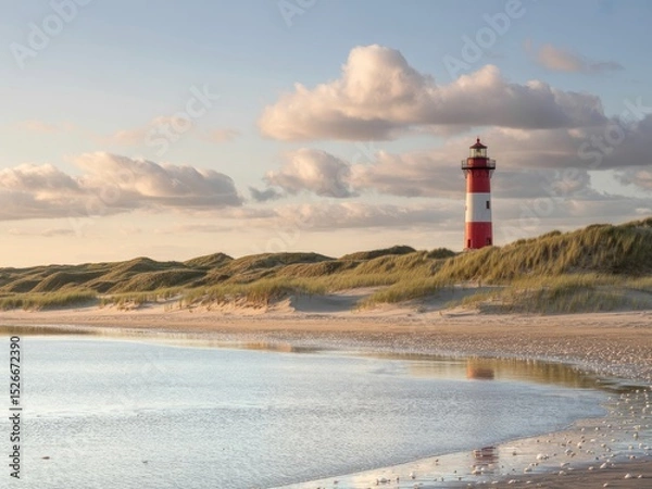 Fototapeta Red and white lighthouse on sandy beach at sunset