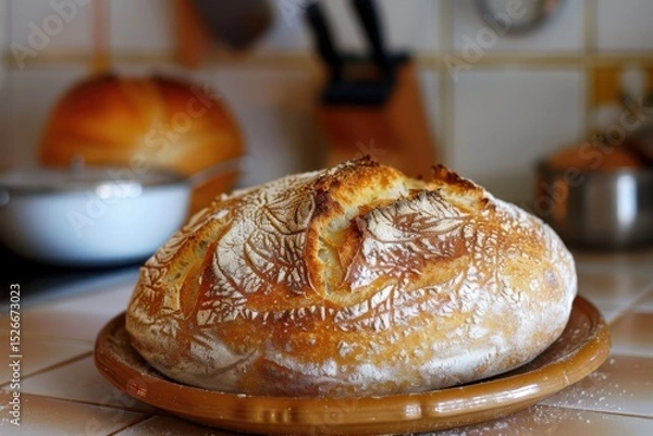 Obraz Crafting sourdough bread with beautiful crust and texture in a cozy kitchen