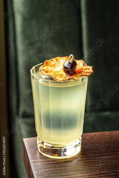 Obraz Tropical cocktail in a faceted glass topped with dried pineapple slice and dark cherry garnish on a wooden table with a dark velvet background