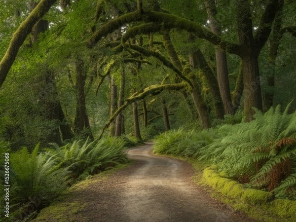 Fototapeta Serene forest path winding through mossy trees
