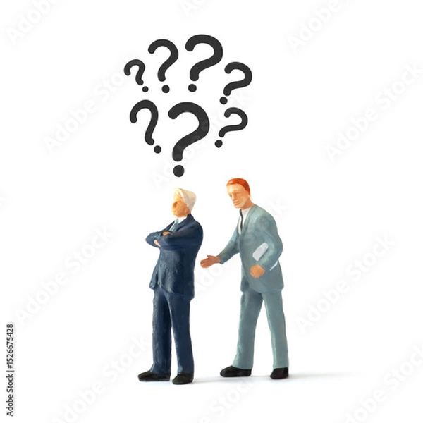 Fototapeta Two miniature businessman figurines standing side by  on a white background, with a cluster of question marks hovering above one's head.  Conflict or uncertainty in business world concept.