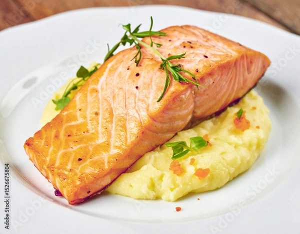 Fototapeta Salmon fillet served over creamy mashed potatoes. AI