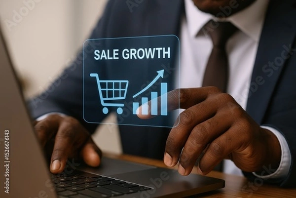 Fototapeta Image shows businessman using laptop with digital overlay of sales