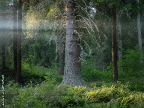 Fototapeta Sunbeams illuminate ancient forest trees ferns