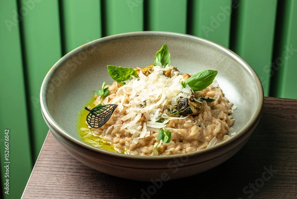 Obraz Creamy risotto garnished with shaved parmesan, basil leaves, and roasted vegetables served in a ceramic bowl on a dark wooden table