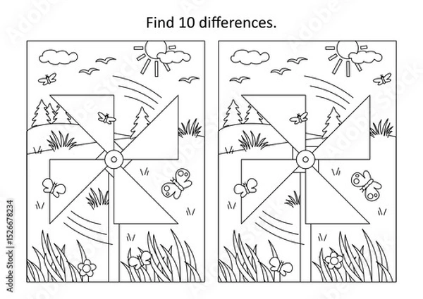 Fototapeta Pinwheel toy difference game and coloring page
