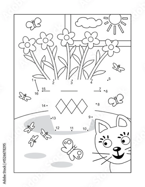 Fototapeta Potted flowers dot-to-dot hidden picture puzzle and coloring page, poster, or activity sheet with flower pot, butterflies and funny curious cat
