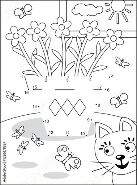 Fototapeta Potted flowers dot-to-dot hidden picture puzzle and coloring page, poster, or activity sheet with flower pot, butterflies and funny curious cat
