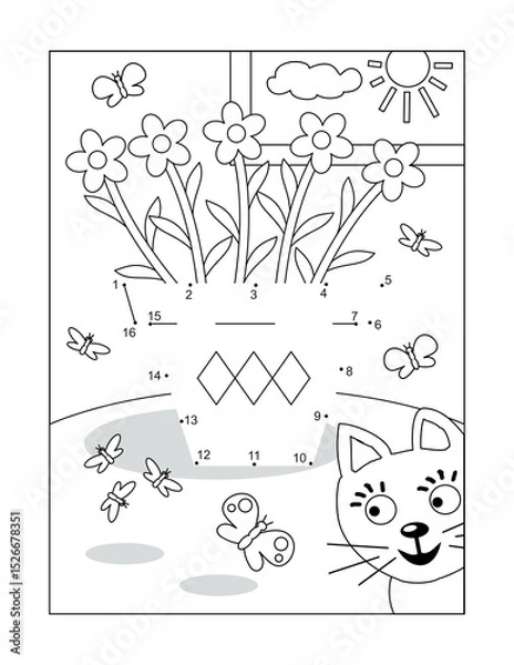 Fototapeta Potted flowers dot-to-dot hidden picture puzzle and coloring page, poster, or activity sheet with flower pot, butterflies and funny curious cat
