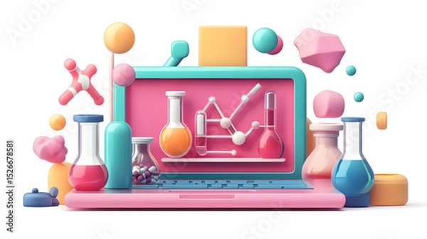 Fototapeta Colorful 3D Render of Laptop Displaying Science Experiments