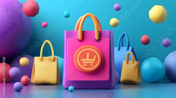 Fototapeta Colorful 3D Render of Shopping Bags with Abstract Spheres