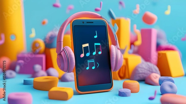 Fototapeta Colorful 3D Render of Phone with Headphones and Music Notes