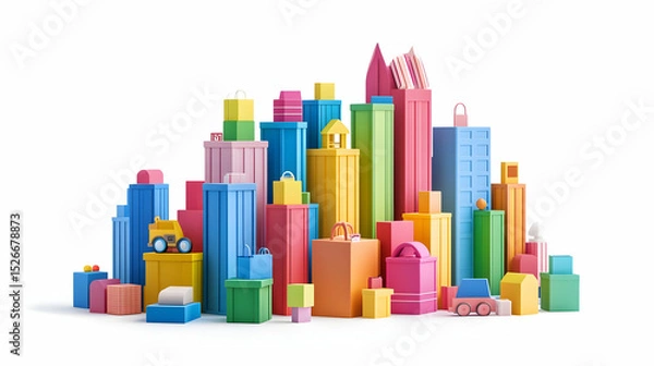 Fototapeta Colorful 3D Rendered Cityscape of Toy Blocks and Buildings
