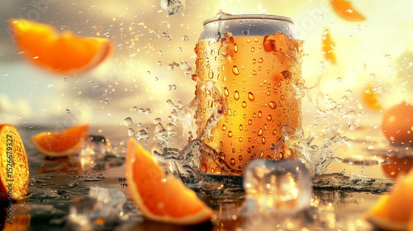 Fototapeta Chilled aluminum can with frost and water droplets, surrounded by floating orange slices and ice cubes on pastel orange background