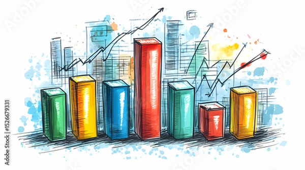 Fototapeta Colorful Bar Chart Illustrating Business Growth in Urban Setting