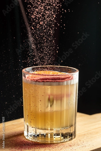 Obraz Golden cocktail in a faceted glass garnished with citrus slice and vibrant powder being sprinkled from above against a dramatic dark background