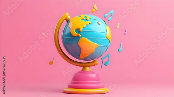 Fototapeta Colorful Cartoon Globe with Music Notes on Pink Background
