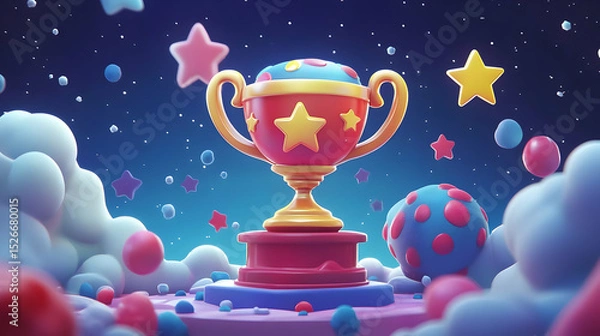 Fototapeta Colorful Cartoon Trophy on Stage with Stars and Clouds