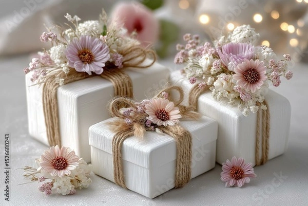 Obraz Elegant gift boxes adorned with delicate flowers and twine, perfect for special occasions.