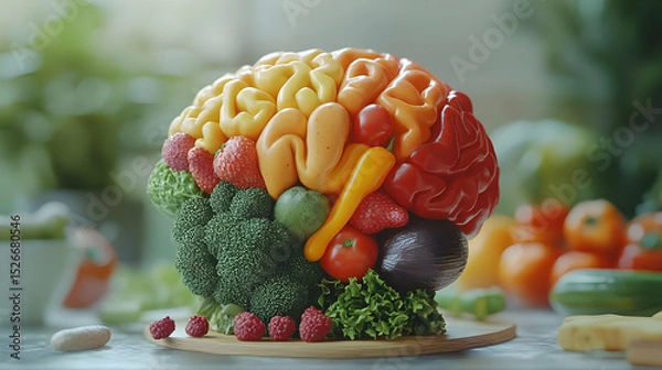 Fototapeta Colorful Fruit And Vegetable Brain Model On Wooden Board