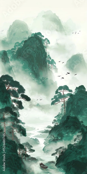 Obraz Verdant mountains and flowing rivers in a tranquil misty landscape, 4k high resolution chinese watercolour