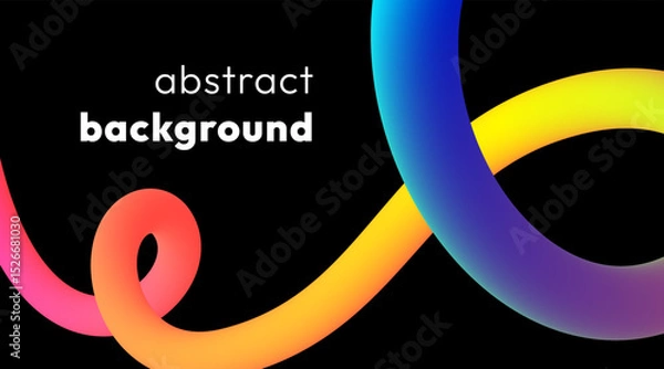 Fototapeta Vibrant abstract background with colorful wavy gradient line, smooth tubular shape on black backdrop. Fluid vivid rainbow ribbon with squiggly loops or spirals. Trendy dynamic futuristic banner