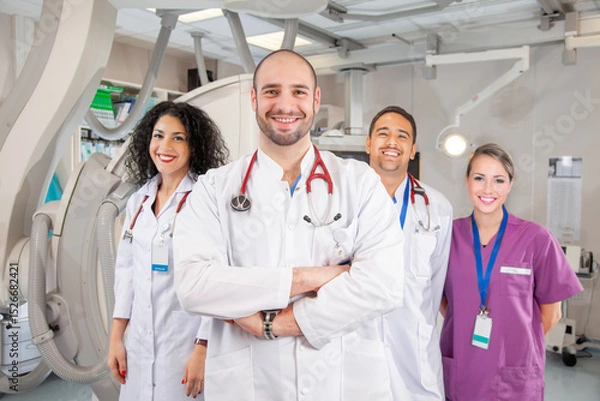 Fototapeta Team of Three Doctors and a Nurse in Hospital Operating Room with Scanner