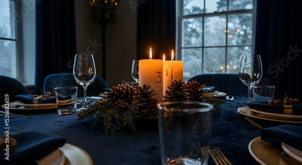 Fototapeta Festive Third Advent Celebration With Lit Candles And Elegant Table Setting