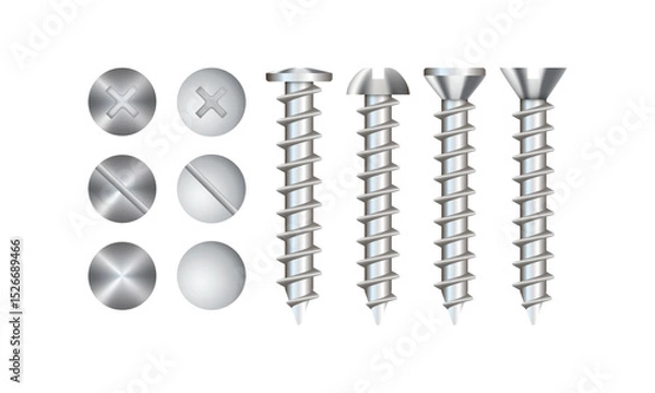 Fototapeta Set of screws and self-tapping screws isolated on white background. Realistic 3d Vector illustration. Is used to connect metal, non-metal, wooden parts.
