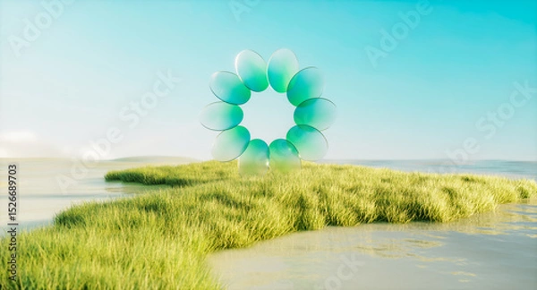 Fototapeta Futuristic 3d landscape background with circle crystal glass. Sustainable technology concept